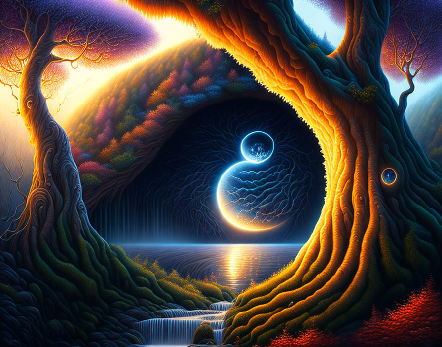 Fantasy landscape with intertwined trees, lake, waterfall, and celestial body