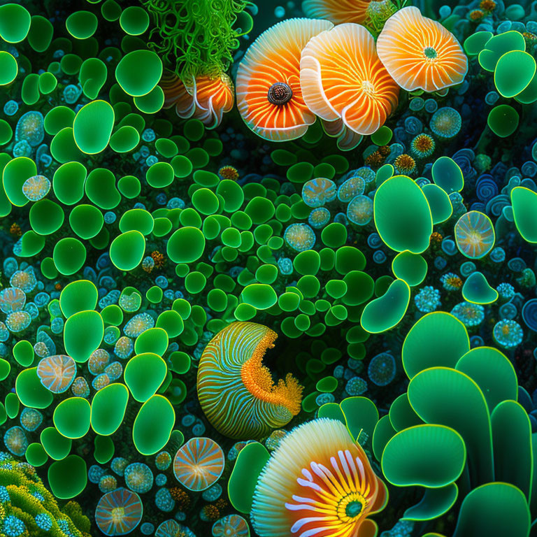 Colorful Coral and Anemone Underwater Scene with Green and Orange Hues