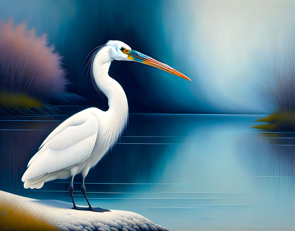 White egret on rock by tranquil waters with dark vegetation and fog