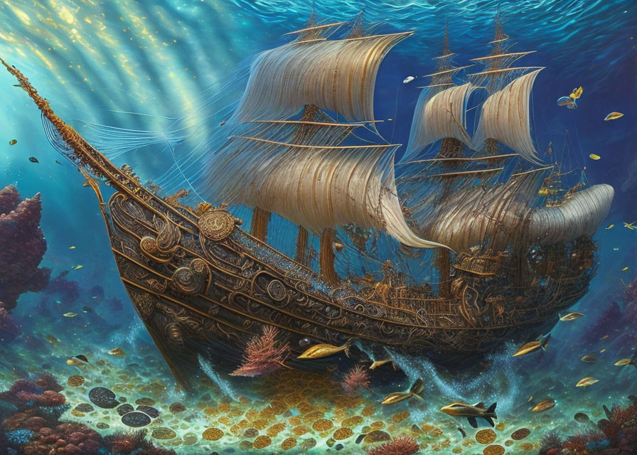 Golden ship with billowing sails underwater among coral and fish