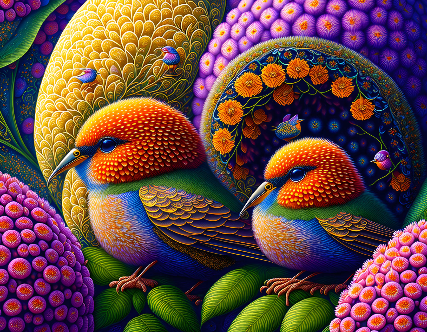 Colorful artwork featuring stylized birds and intricate floral motifs.