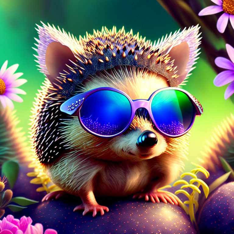 Colorful Hedgehog Illustration with Sunglasses and Flowers