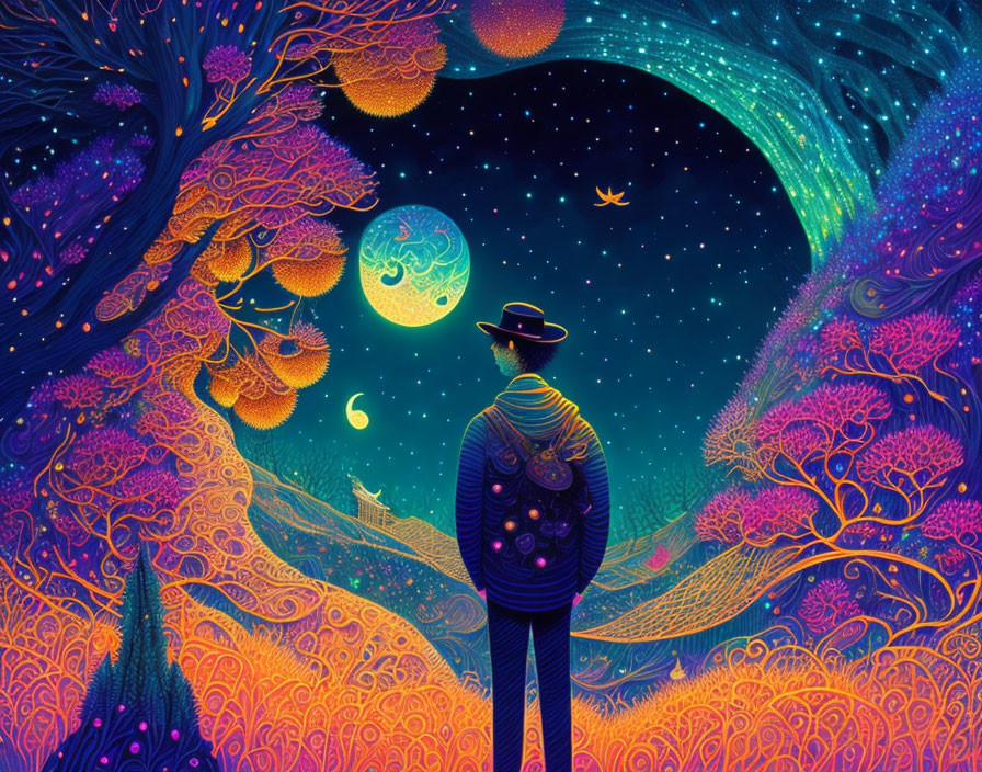 Vibrant psychedelic art: Person in hat with swirling nightscape