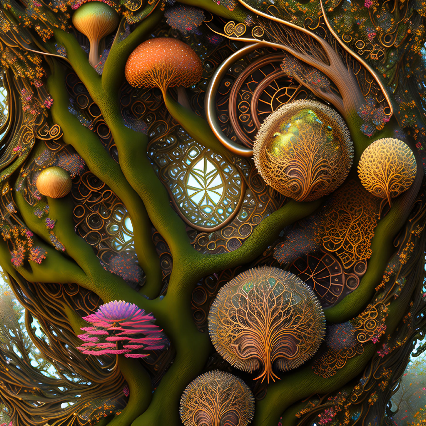 Fantastical tree with intricate patterns and surreal foliage