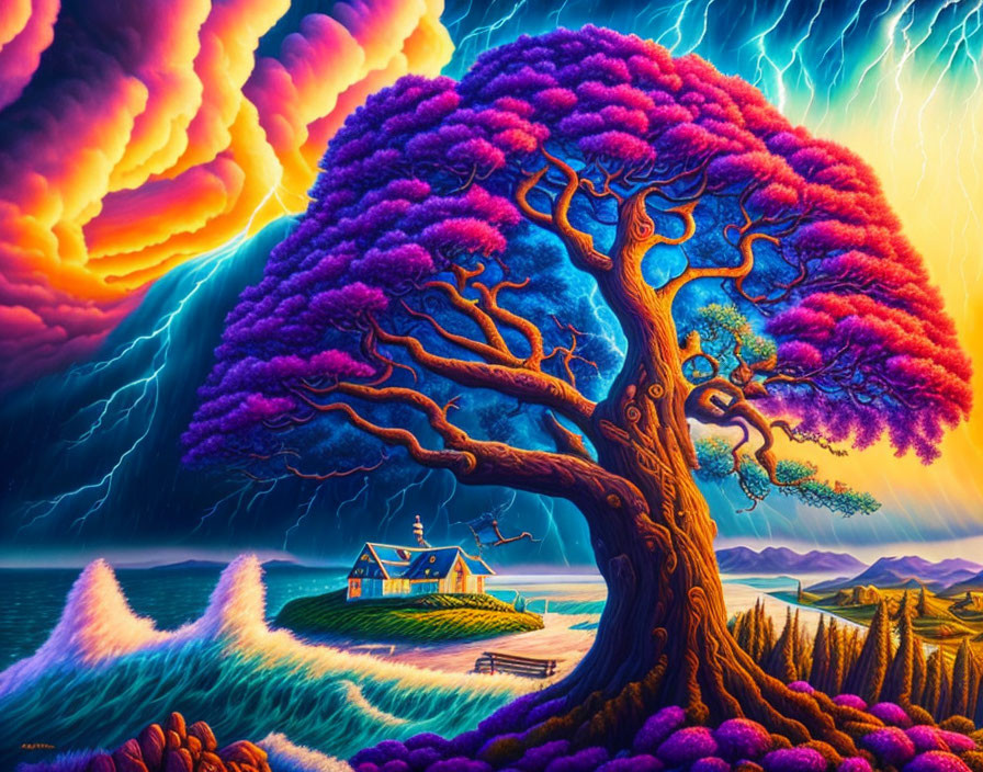 Surreal artwork: purple tree, electrified sky, vibrant clouds, house by waves