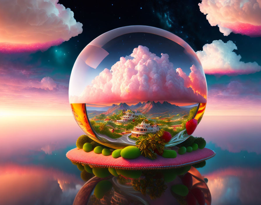 Fantasy landscape with mountains, village, crystal sphere, colorful sunset sky.