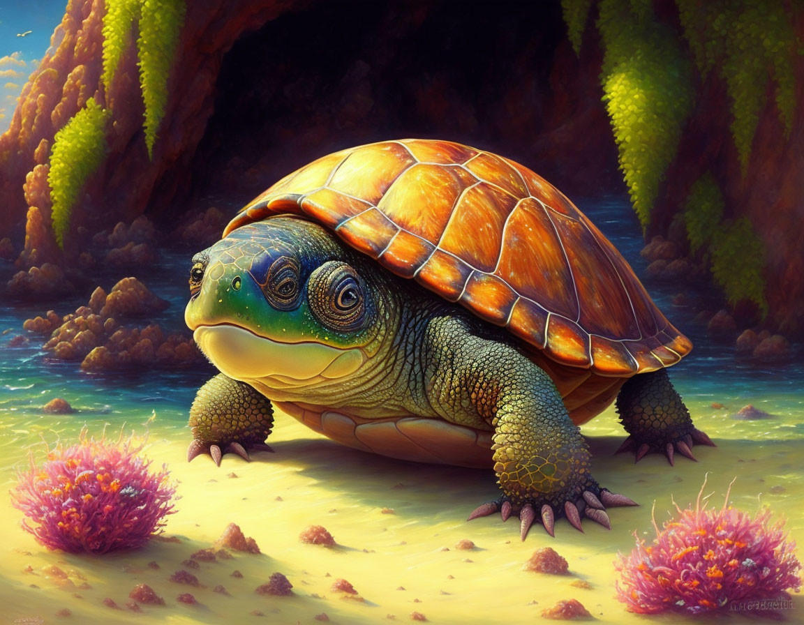 Illustrated turtle with shiny brown shell in sandy landscape near rocky cave entrance