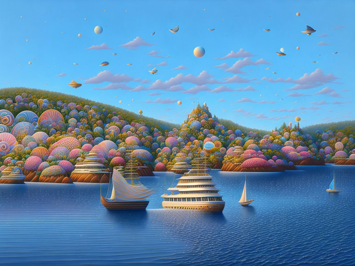 Fantastical seascape with rolling hills, ships, orbs, and serene blue sky