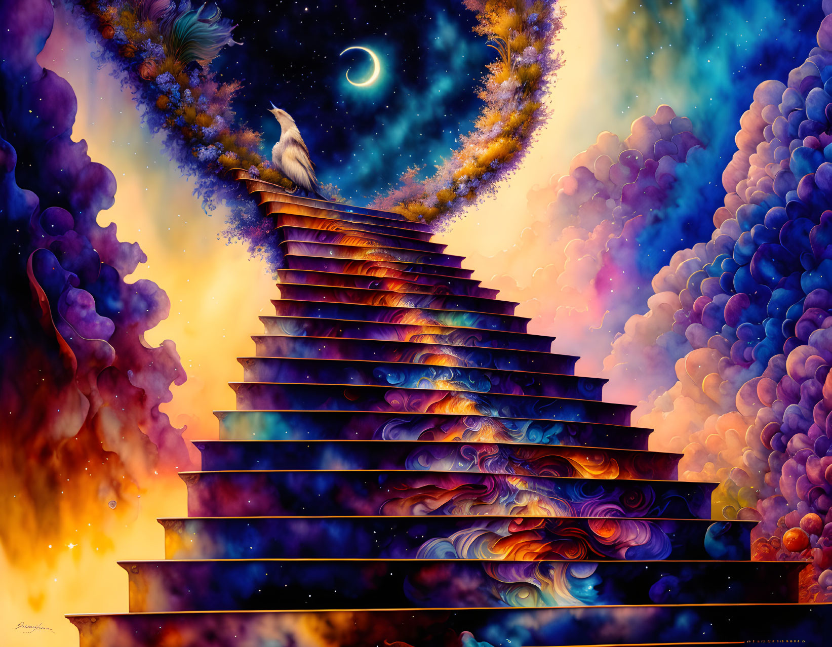 Surreal artwork: White owl on staircase in cosmic sky