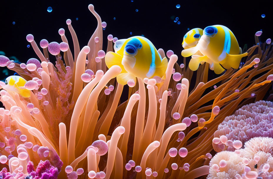 Vibrant yellow clownfish in pink sea anemone underwater scene