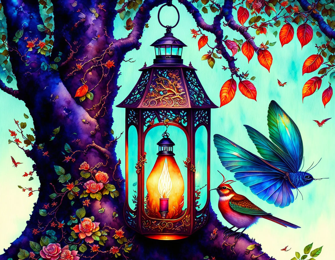 Colorful illustration of lantern, flowers, butterfly, and bird in magical setting