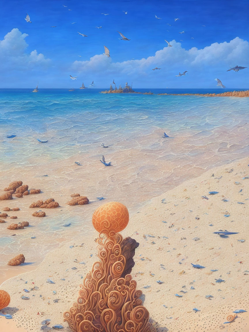 Surreal beachscape with intricate sphere tower, transparent waters, ships, and seagulls