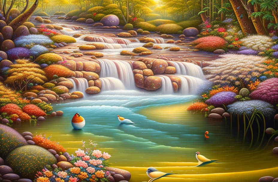 Serene waterfall painting with lush foliage, flowers, birds, and fish