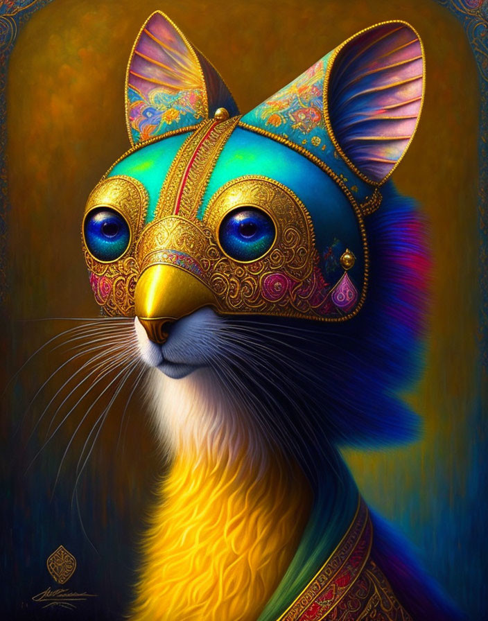 Colorful Cat Illustration with Blue Eyes and Ornate Mask-Like Markings