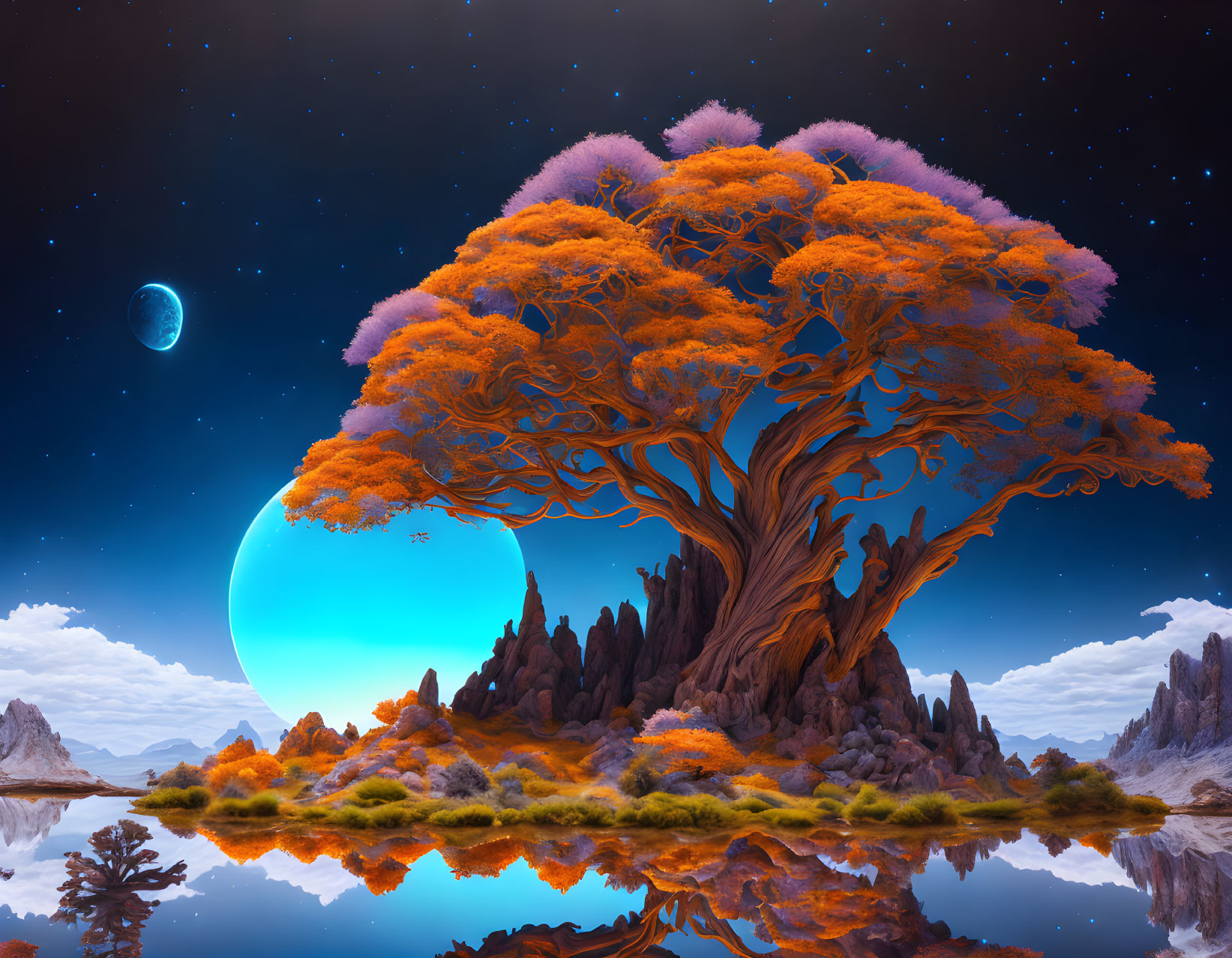 Fantasy landscape with oversized orange tree, reflective water, alien terrains, large moon, stars in