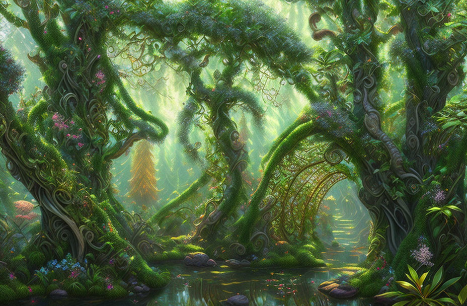 Lush Greenery and Magical Archway in Enchanted Forest Scene