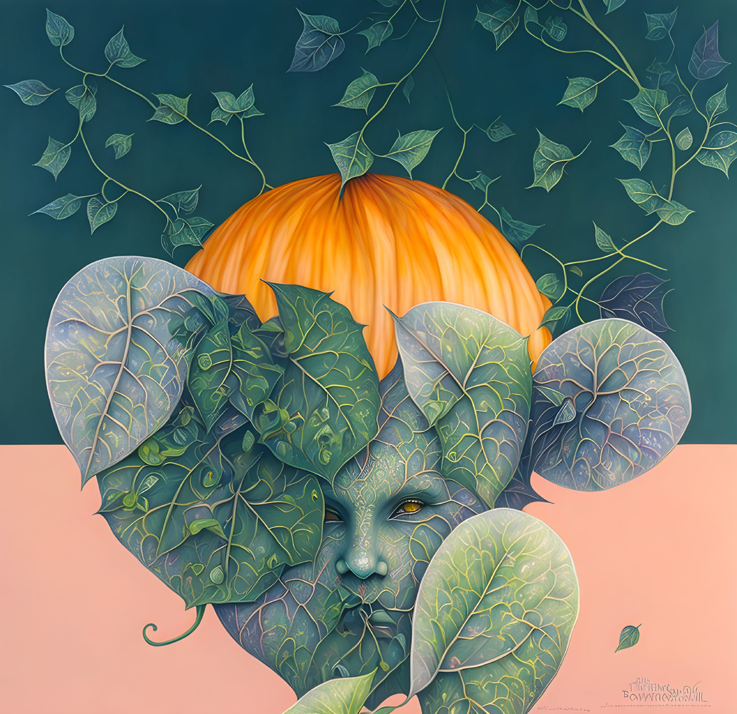 Surrealist portrait with face, leaves, and pumpkin on dual-toned background