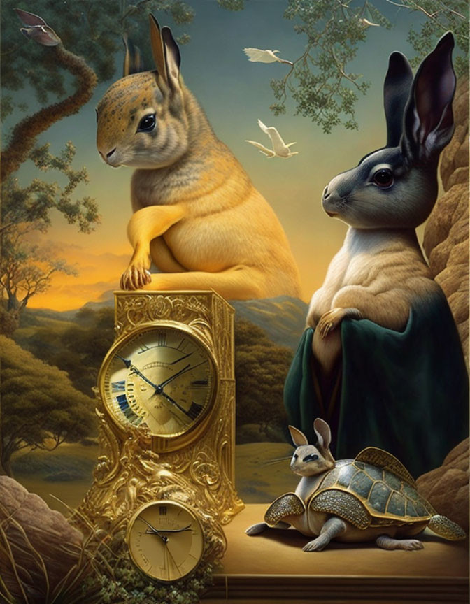 Surreal painting featuring anthropomorphic animals with golden clock in woodland