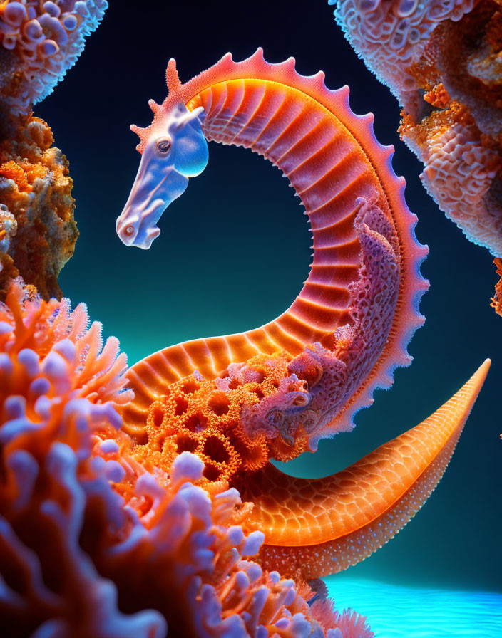 Colorful Seahorse with Orange Crest in Coral Reef Scene