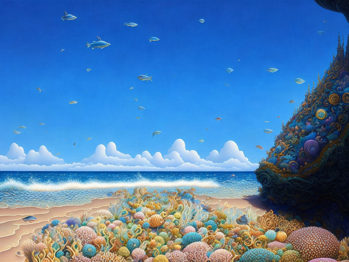 Colorful Coral Reef and Sandy Beach Scene with Flying Fish