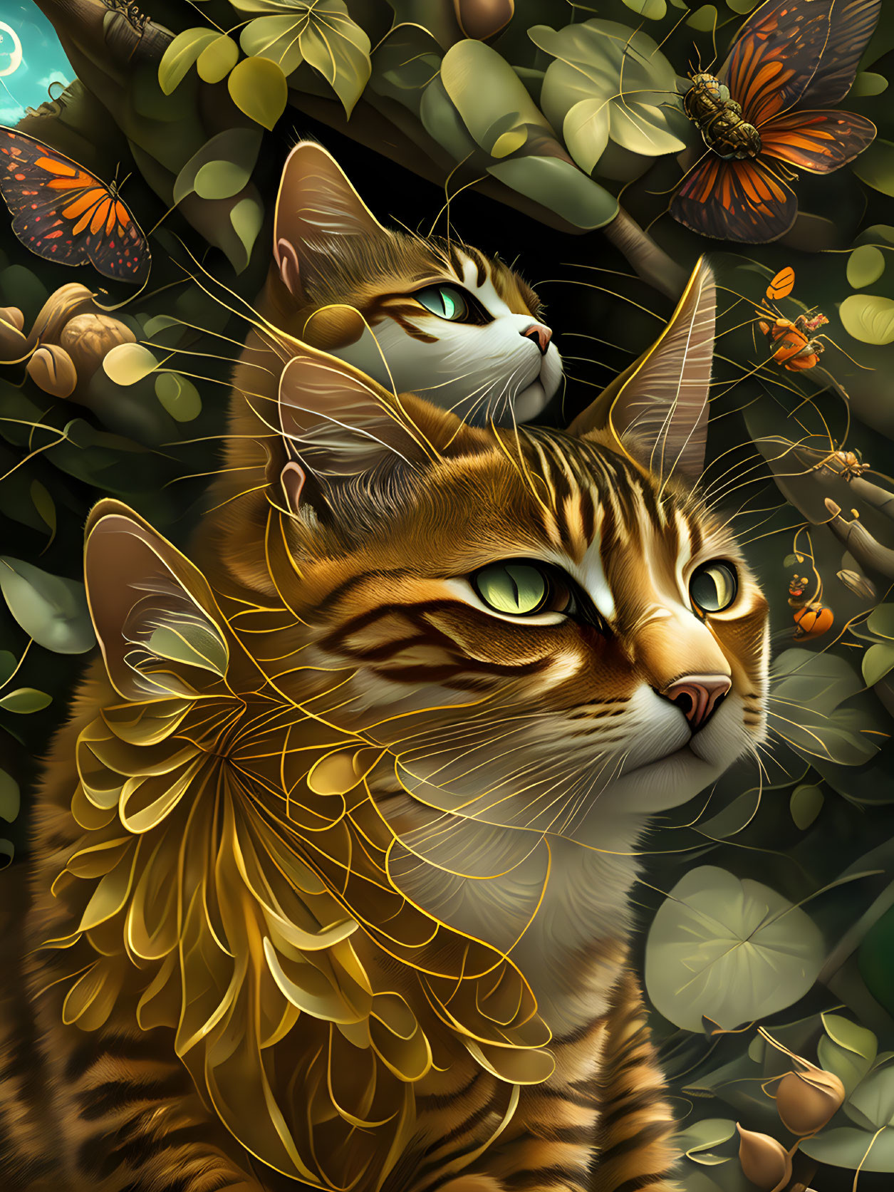 Detailed stylized cats in vibrant leafy setting with butterflies and glowing insects, creating a magical forest scene