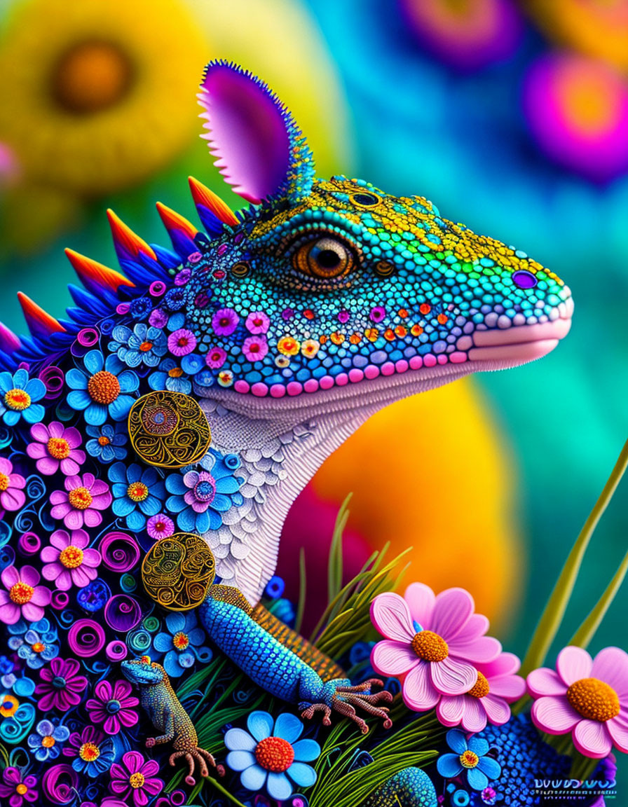 Colorful Stylized Reptile with Floral Motifs on Vibrant Background