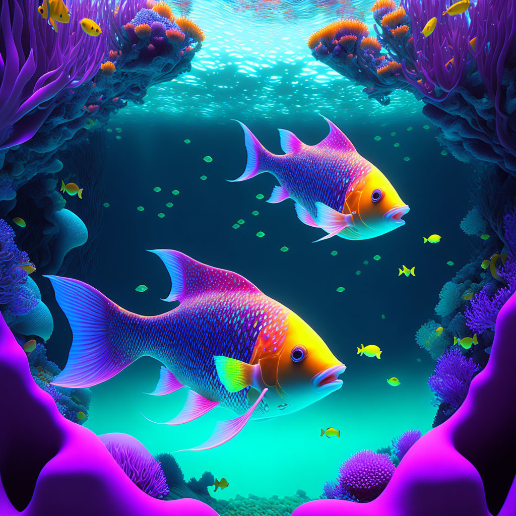 Colorful Underwater Scene with Large Fish and Coral Reefs