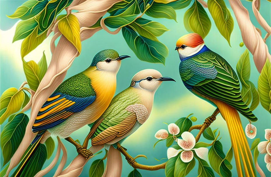 Colorful Birds Perched on Branches with Green Leaves and White Flowers