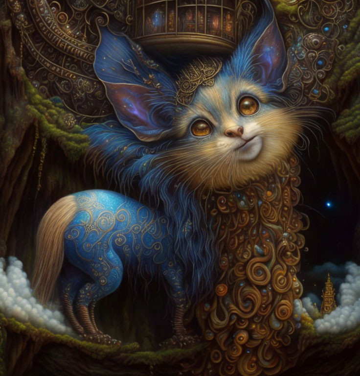 Fantasy cat illustration with intricate patterns in whimsical setting