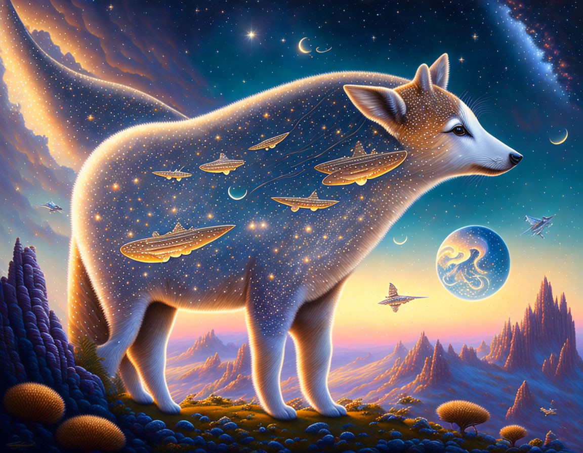 Surreal cosmic fox illustration with stars, planets, spaceship, and alien landscapes