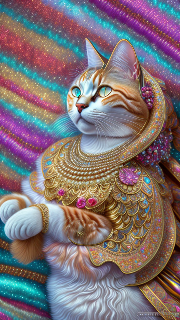 Illustrated Orange Tabby Cat with Golden Jewelry on Cosmic Background