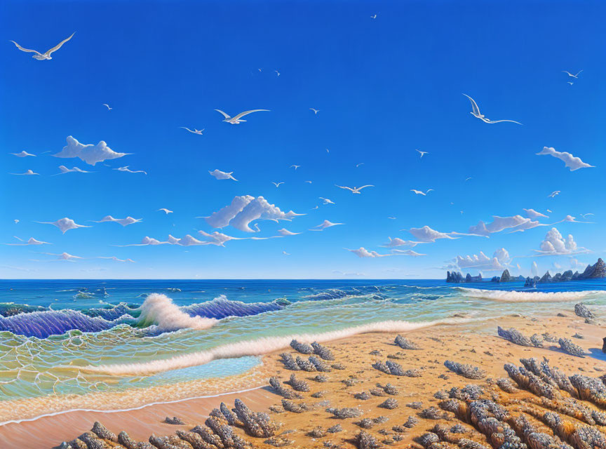 Tranquil beach scene with blue skies, seagulls, and gentle waves