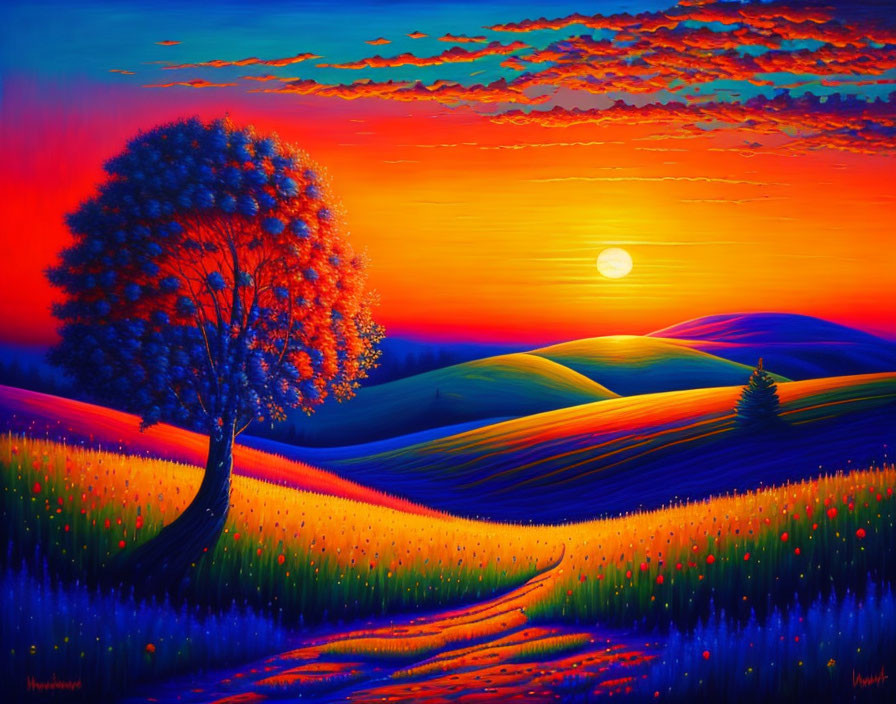 Colorful painting of lone tree in rolling hills at sunset