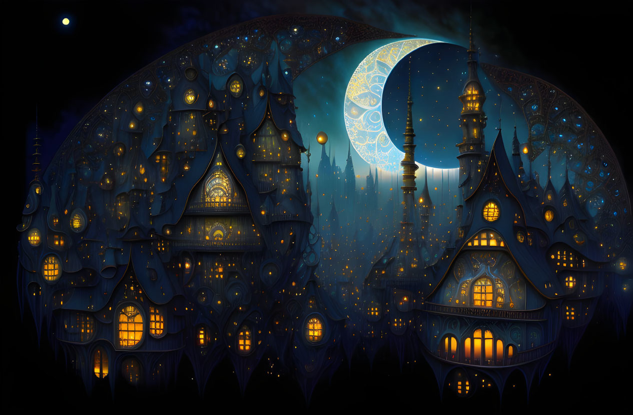 Intricate fortress under large moon with glowing windows