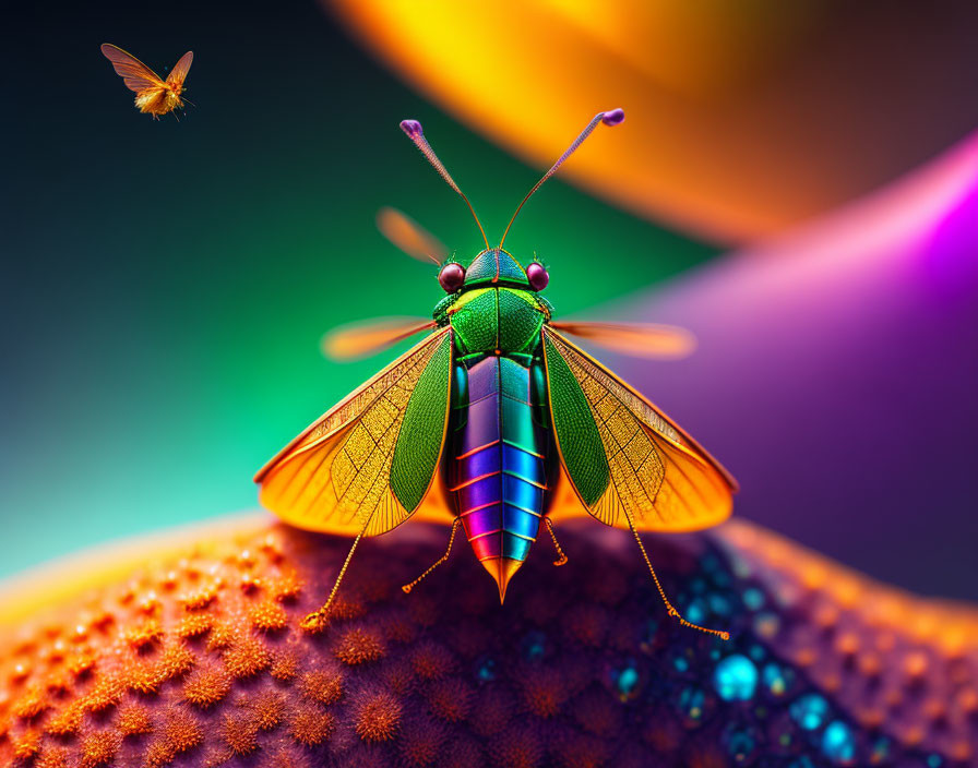 Colorful iridescent beetle on textured surface with blurred butterfly and vibrant background