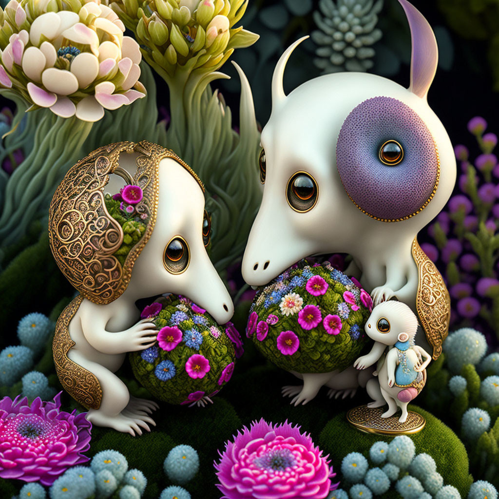 Stylized fantastical chameleons with gem-like spheres in vibrant floral setting