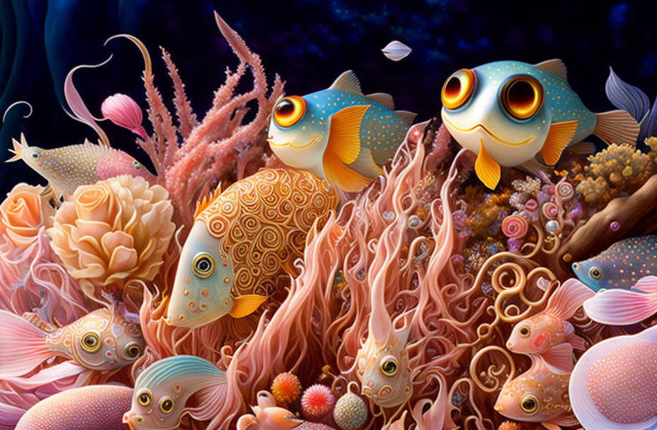 Colorful Stylized Fish and Coral in Vibrant Underwater Scene