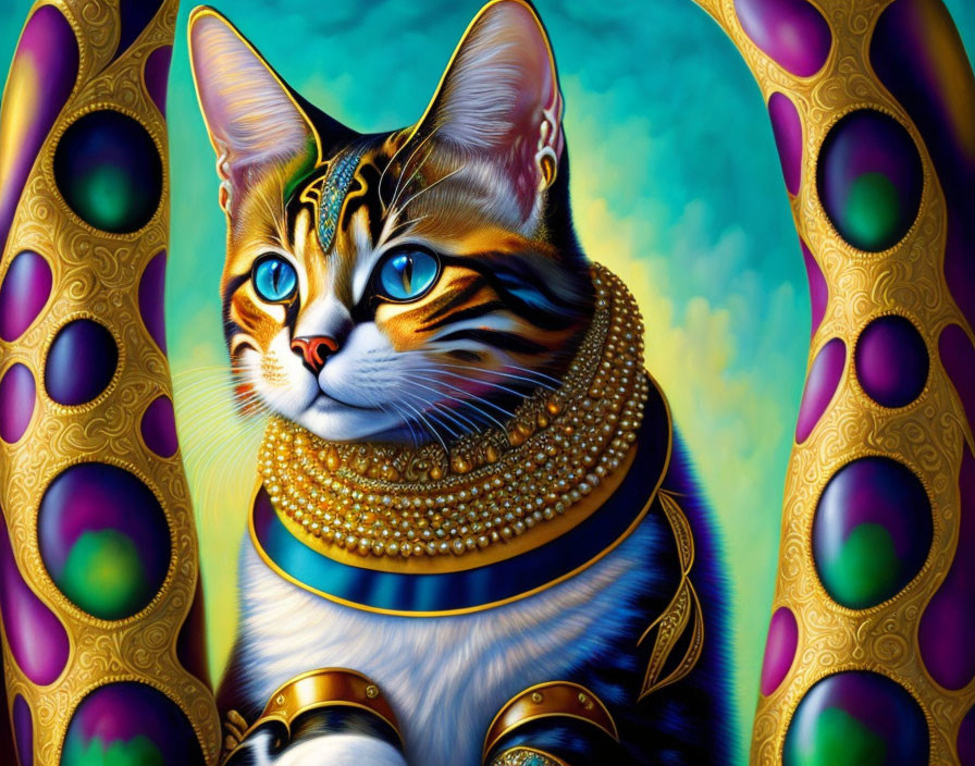 Colorful Cat Illustration with Golden Jewelry on Blue and Gold Background