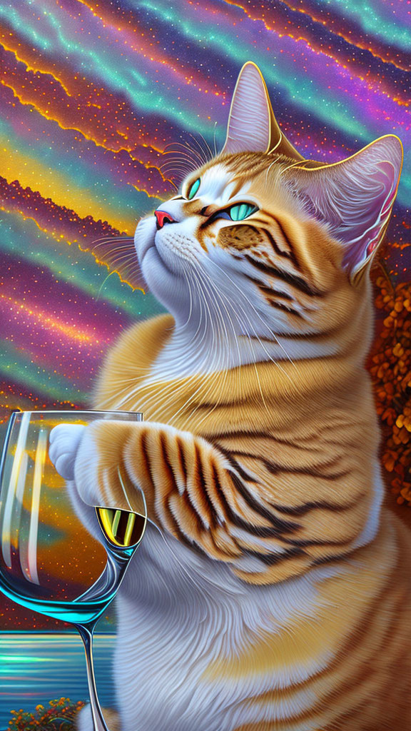 Orange Tabby Cat Holding Wine Glass in Psychedelic Digital Art