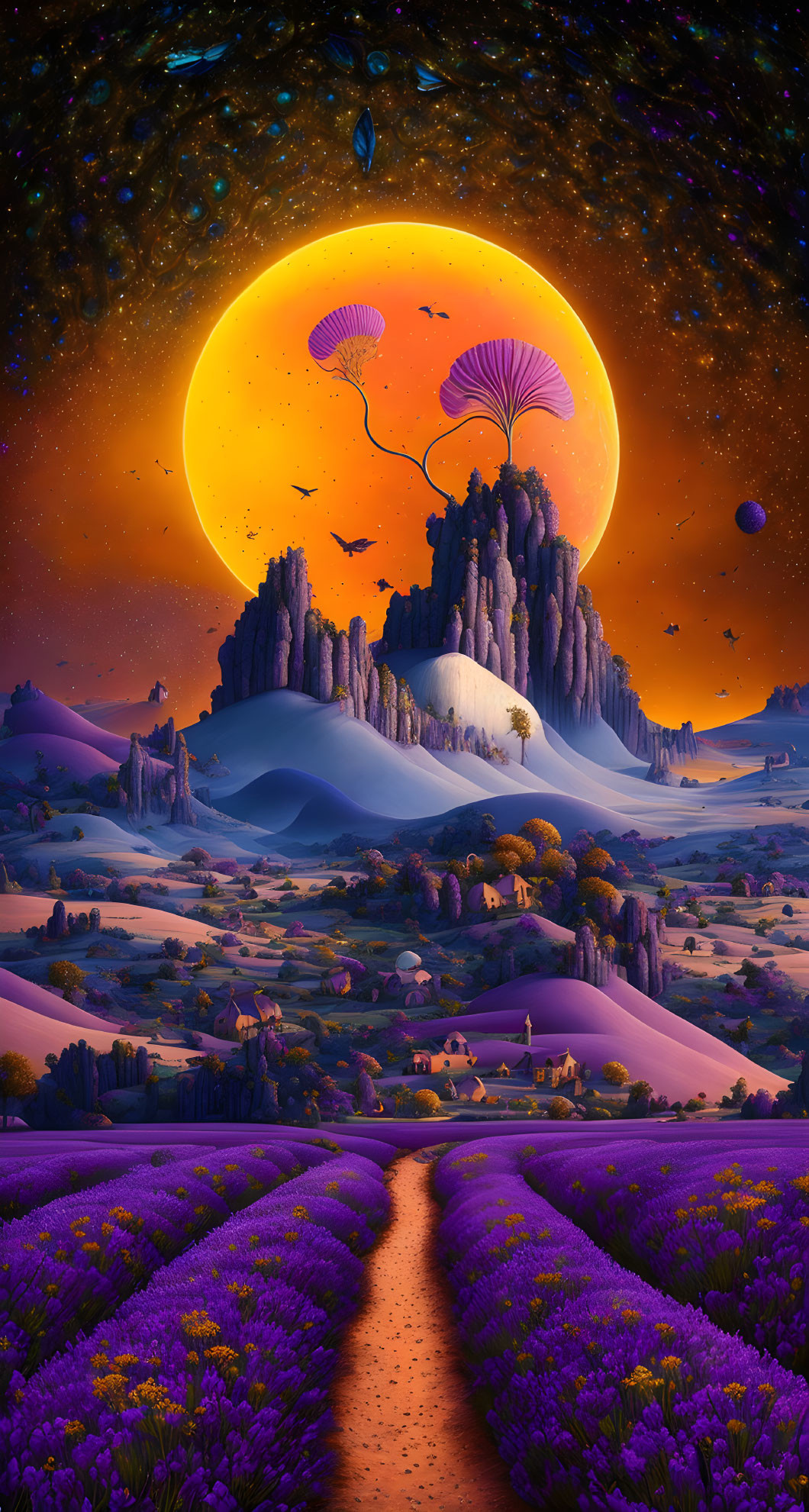 Fantasy landscape with large moon, purple fields, floating islands, and jellyfish-like creatures at sunset