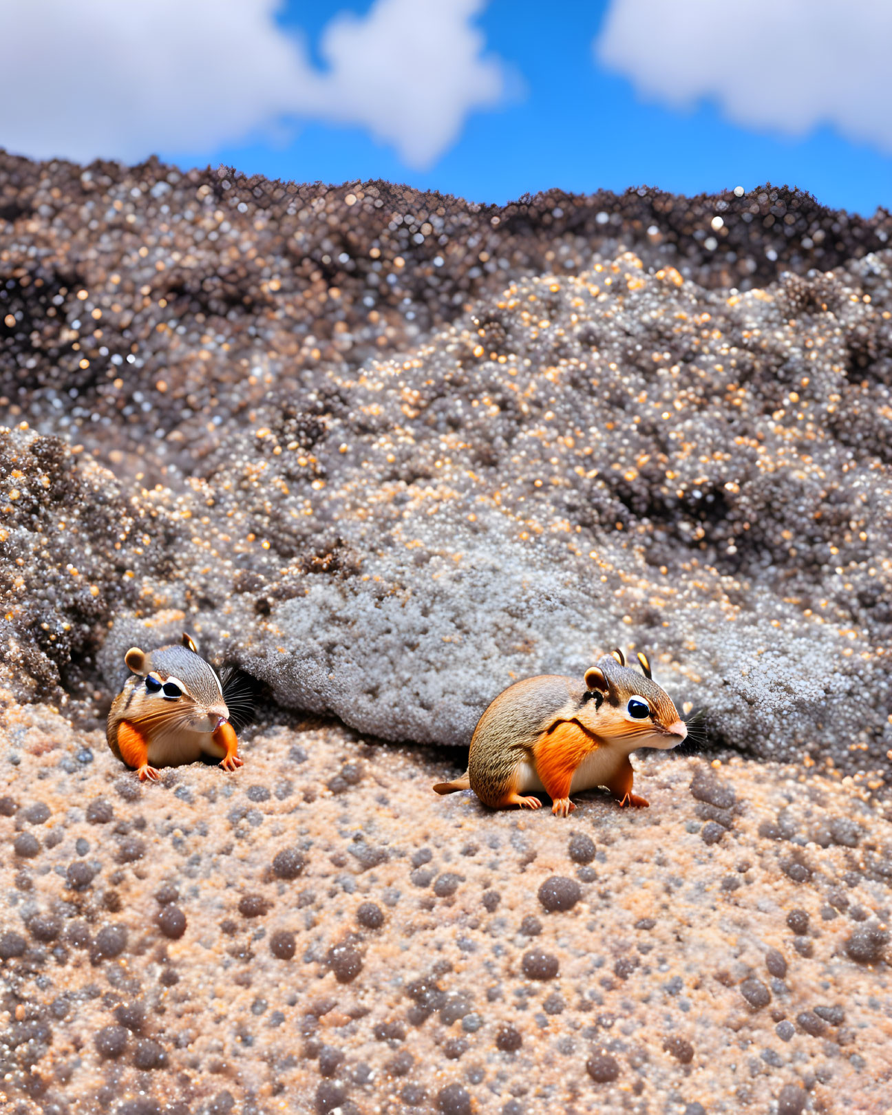 Two chipmunks on sandy ground with one peeking out from a hole and the other standing outside