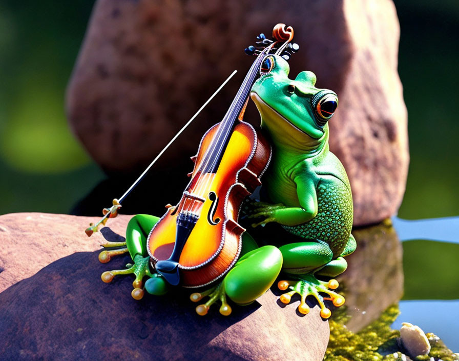 Illustration of green frog with violin against rocky water backdrop