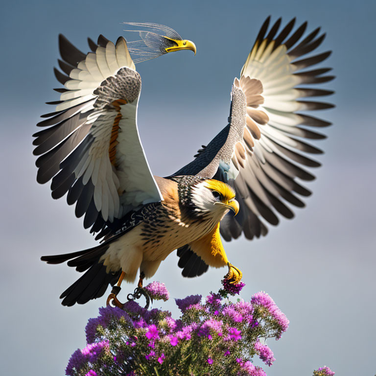 Majestic bird of prey with outstretched wings on purple-flowered plant