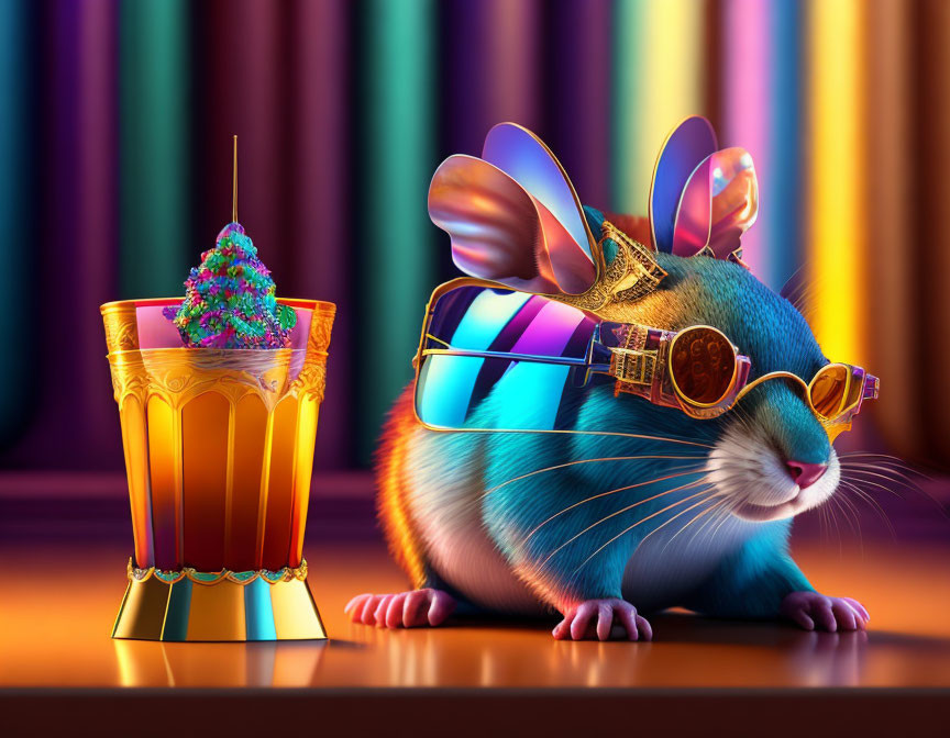 Colorful Cartoon Hamster with Sunglasses and Monocle Beside Rainbow Drink