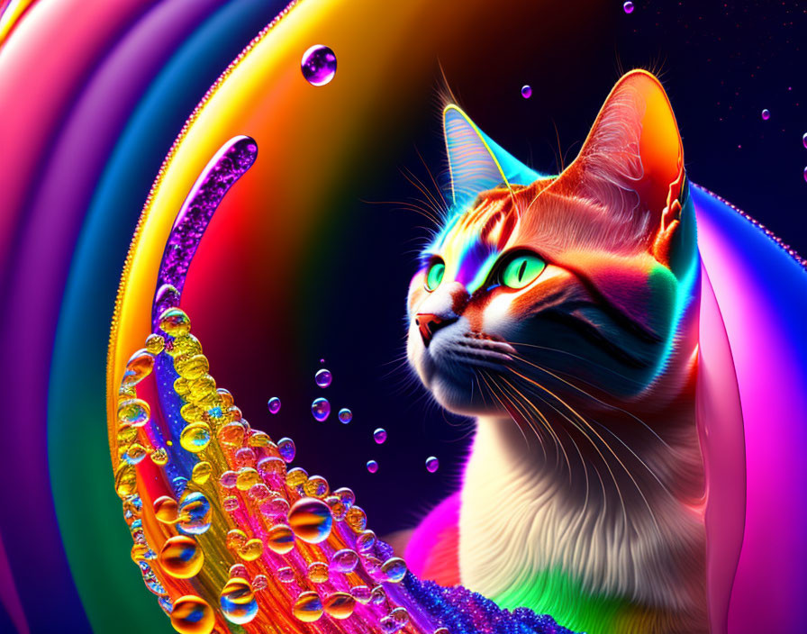 Colorful Cat with Green Eyes and Neon Rainbow Background