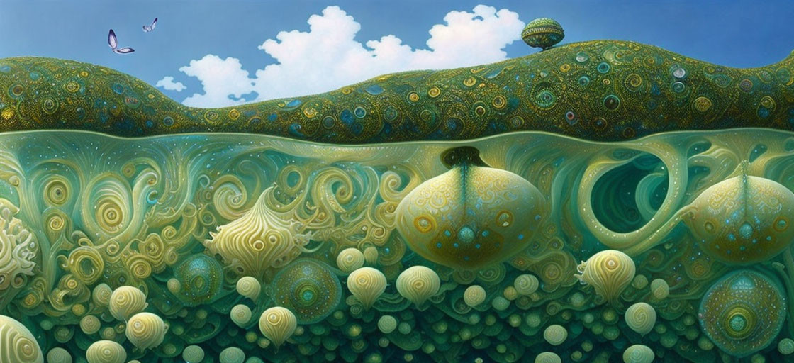 Surreal landscape with swirling patterns and floating spheres above an ocean-like scene under a blue sky with