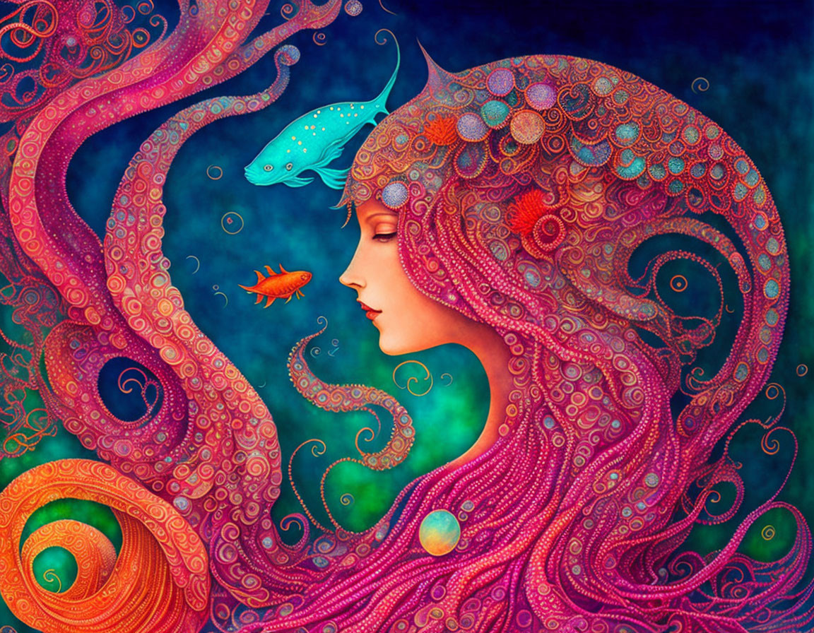 Colorful profile portrait of a woman with flowing hair and sea creatures on a starry backdrop