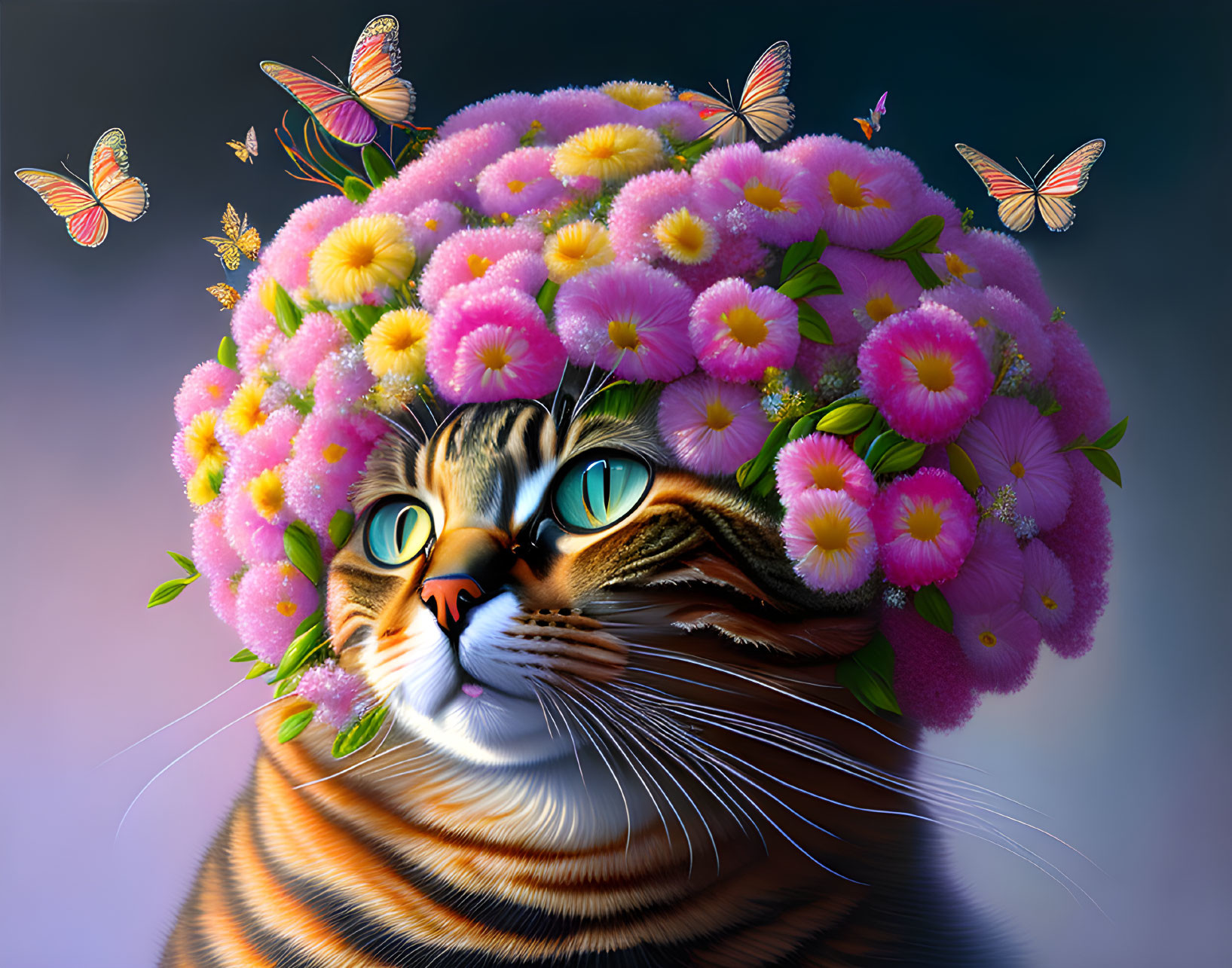 Colorful Tabby Cat Illustration with Flower Bouquet Hat and Butterflies