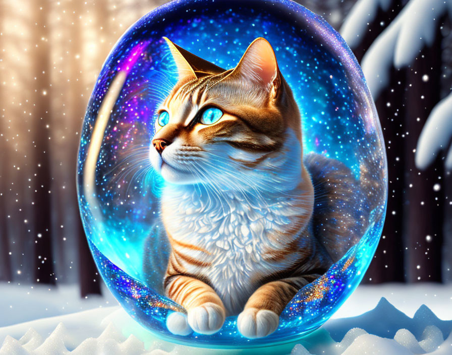 Digital Artwork: Cat with Blue Eyes in Bubble on Snowy Forest Background