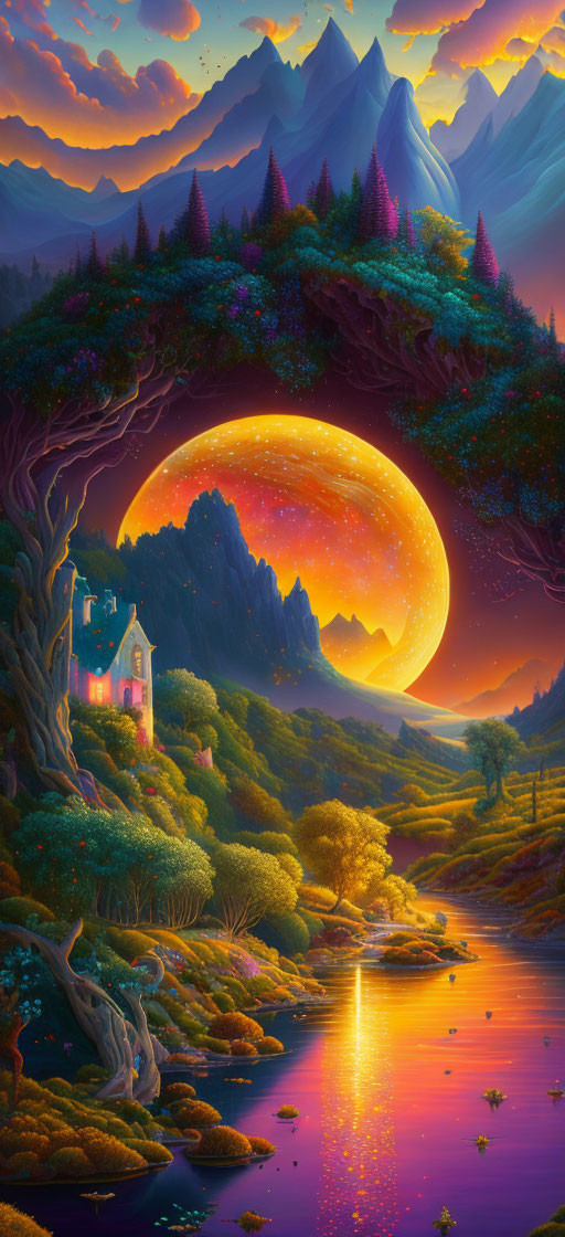 Fantasy landscape with oversized moon, serene river, cozy house, colorful tree, and majestic mountains.